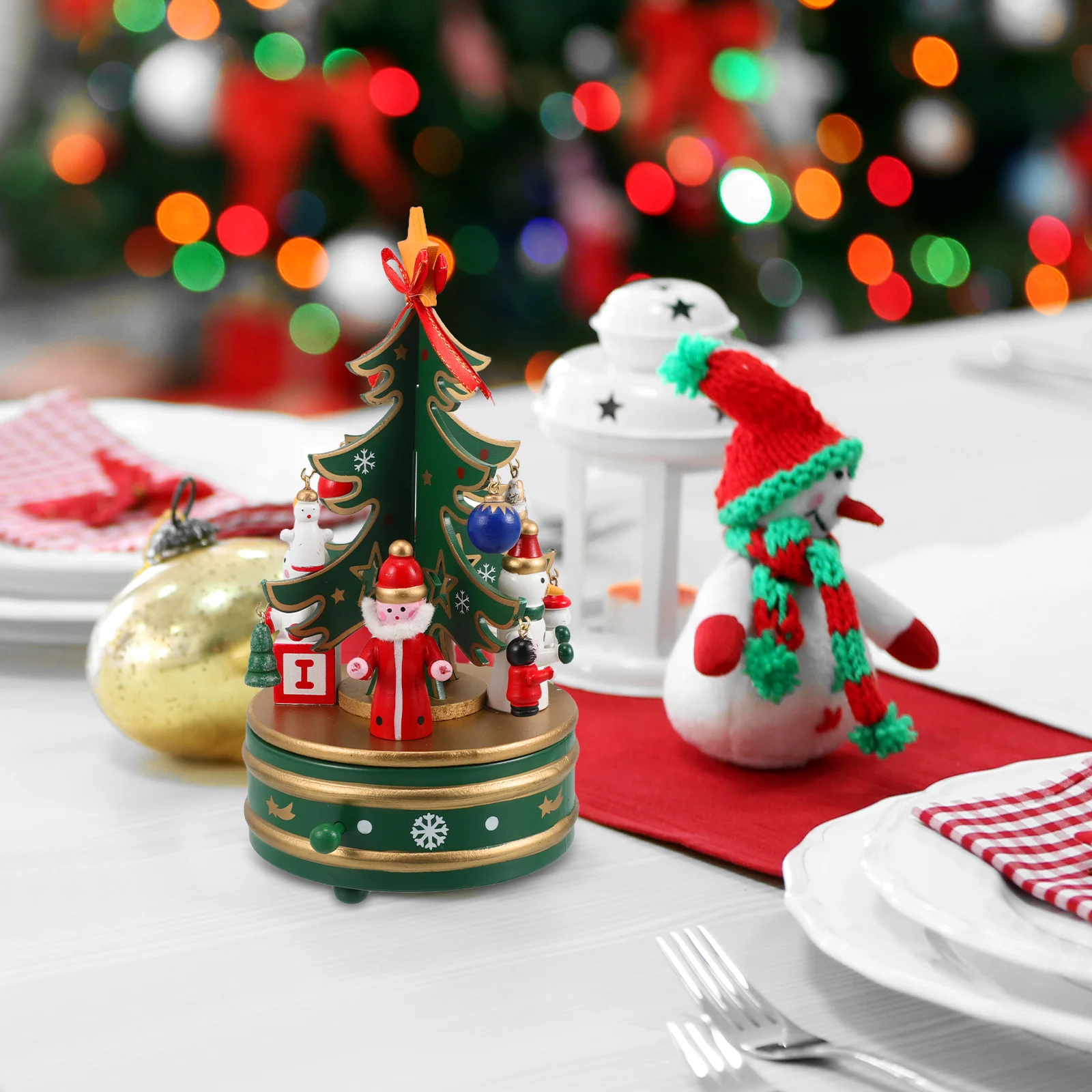 

1pc Wooden Music Box Christmas Tree Desktop Decoration Rotating Melody Ornament Green Christmas Craft Decor Musical