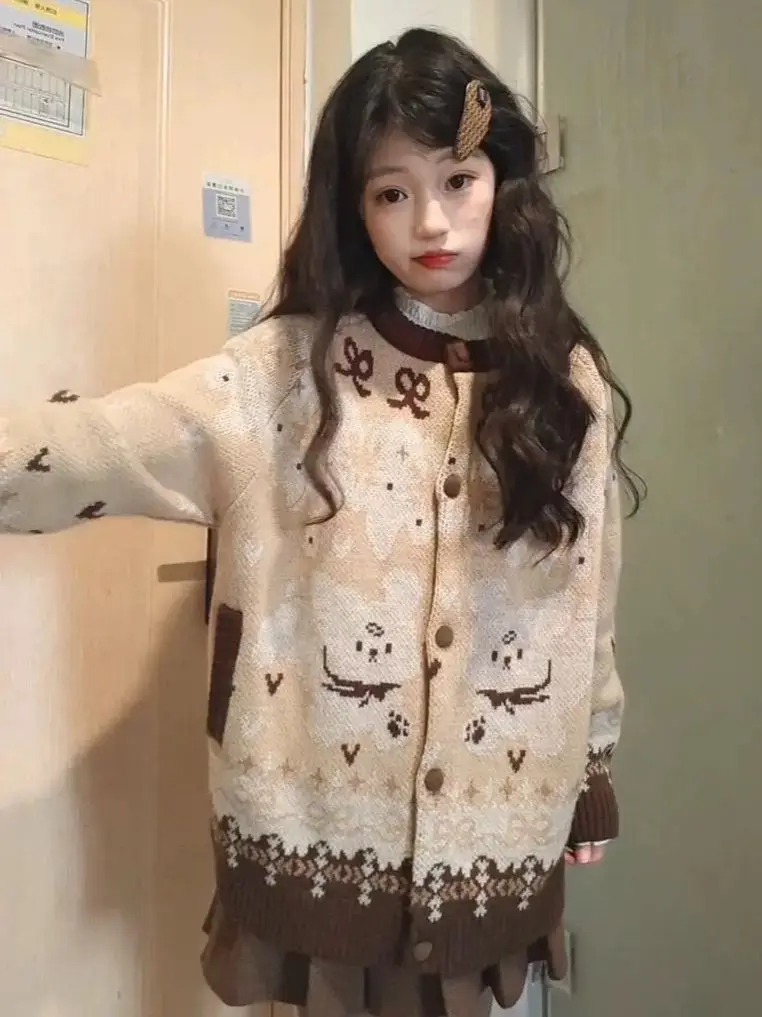 

Japan Sweet And Gentle Style Cartoon Jacquard Sweater Cardigan For Female Students Autumn Winter Loose Style Sweater Jacket