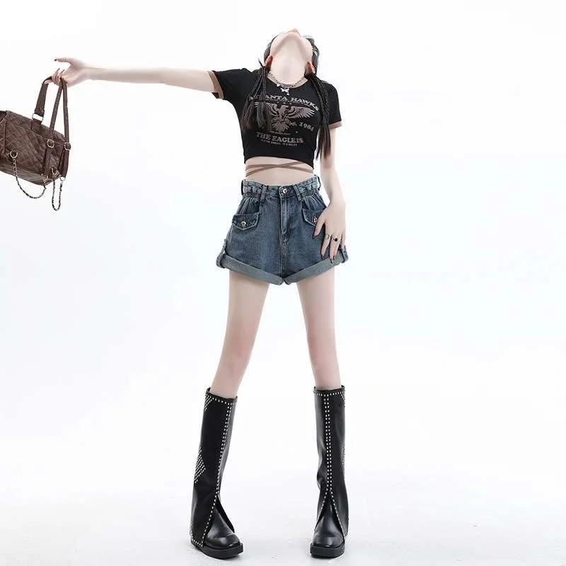 

Винтажные синие джинсовые орты для женщин, новые летние свободные широкие ноги с высокой талией Cleanfit Sle среднего возраста, большие размеры, средняя эластичная искусственная кожа