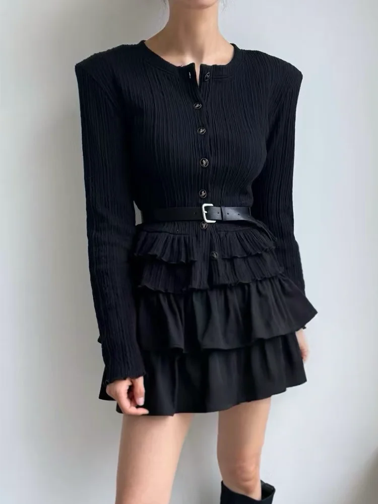

Gagarich Korean Chic Autumn New French Temperament Breasted Patchwork Ruffle Edge Texture Long Sleeved Knitted Cardigan Women