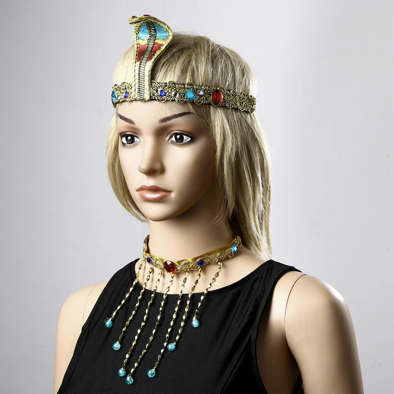 3Pcs Egyptian Cleopatra Costume Accessory Snake Stretch Headband Headpiece Necklace Set for Women Pharaoh Prom Dress Up