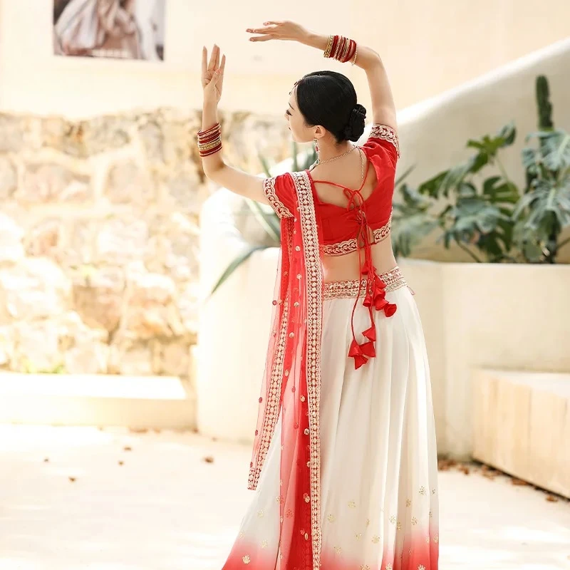 Traditional Dress Indian Dance Dress Ethnic Style Women's Sari Dance Dress Scarf Top Large Swing Skirt Lengha Set Indian Saree