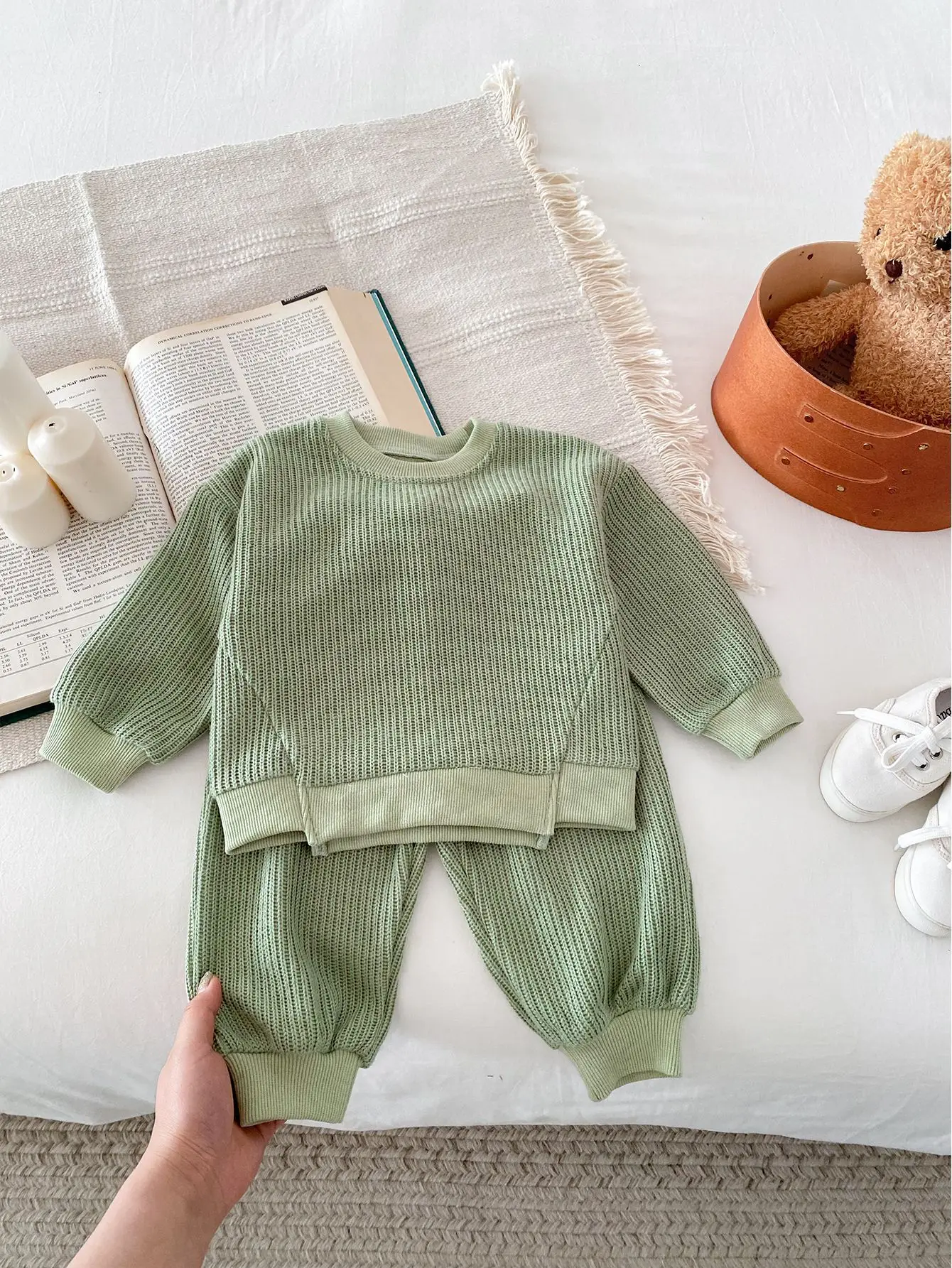 2024 Spring New Baby Ribbed Clothes Set Boy Girl Children Solid Long Sleeve Tops + Pants 2pcs Fashion Kid Cotton Sweatshirt Suit