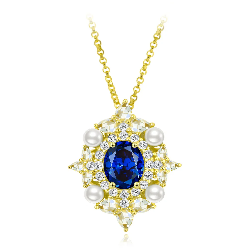 

New Egg Shaped 7 * 9 Blue Corundum 2 Carat Medieval Retro Palace Gold Plated Luxury Necklace 40+3cm Jewelry Women