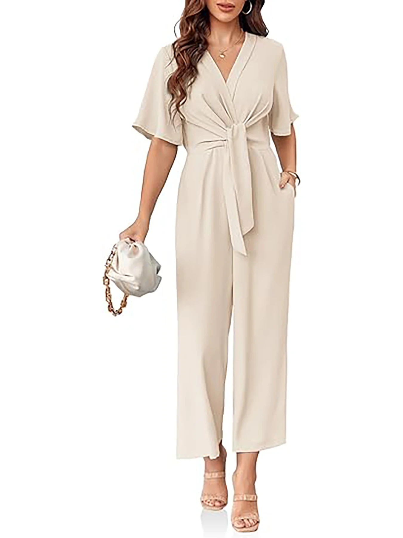 Womens Wide Leg Jumpsuits Short Sleeve Tie Knot Front Summer Long Romper