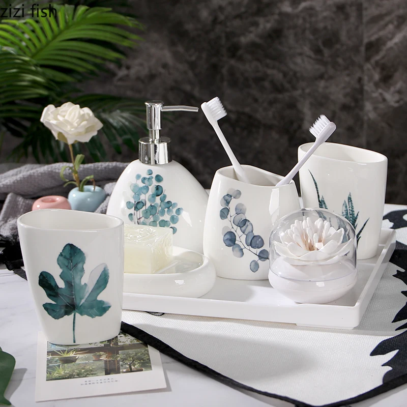 Green plant Nordic ceramics Bathroom Accessories Set Soap Dispenser/Toothbrush Holder/Tumbler/Soap Dish China Bathroom Products