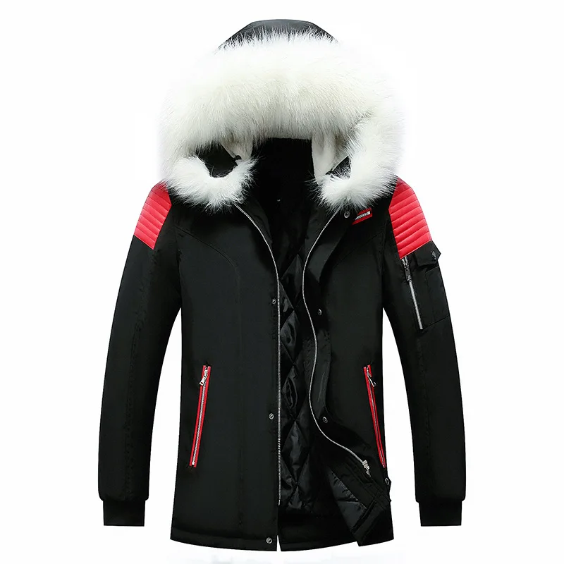 Winter Man Down Jacket Fashion Contrast Color Patchwork Fur Hooded Male Coat Thicken Warm Long Sleeve Mid Length Men Outerwear