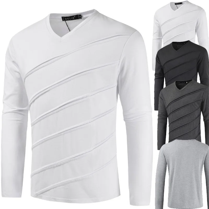Summer Fashion Casual New Hollow Fashion Pleated Long-sleeved V-neck Solid Color T-shirt