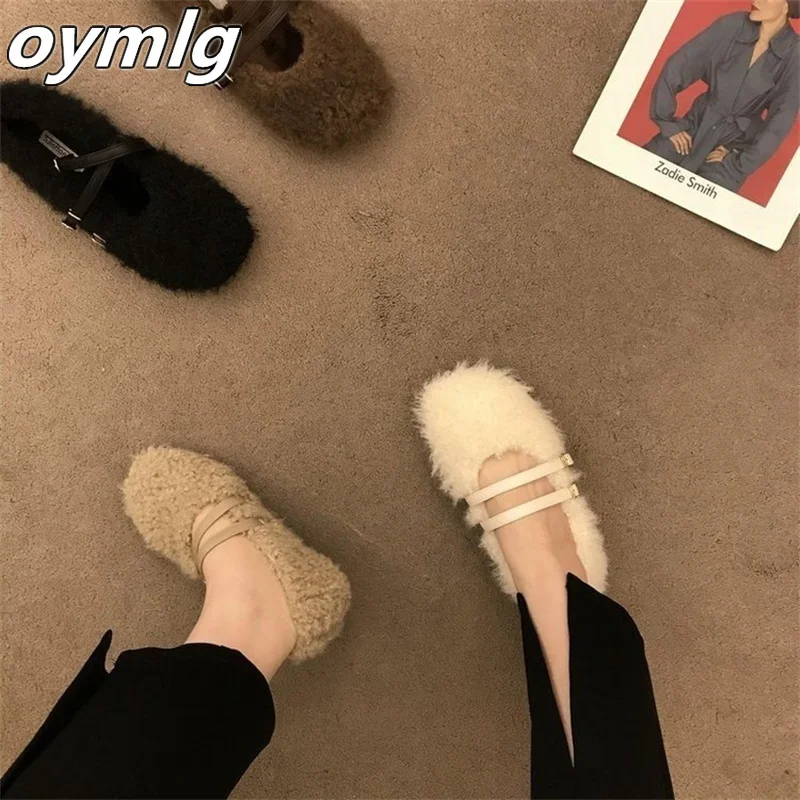 Mary Jane Fury Shoes for Women Autumn/Winter 2024 New Soft Bottom Lamb Fleece Bean Shoes with Fleece Cotton Scoop Shoes