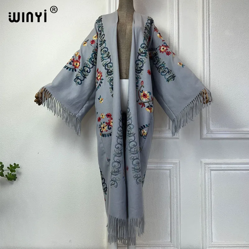 WINYI autumn Winter Women tassel Pashmina Embroidery Long Coat  Lapel OverCoat Thick Warm free size Middle East Female KIMONO