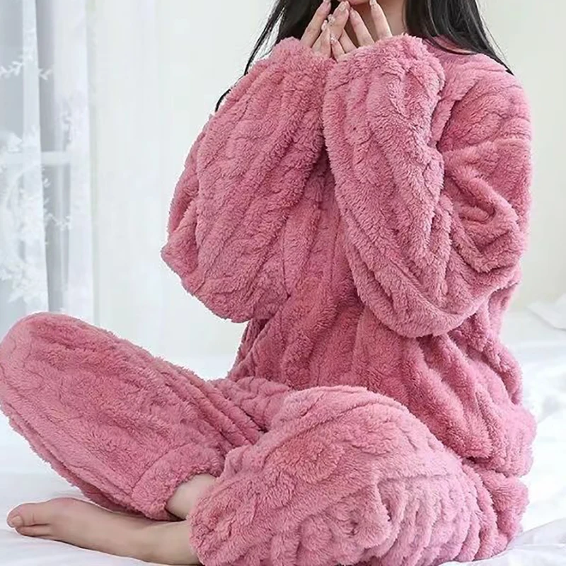 Women Twist Textured Coral Fleece Pajama Set Thick Warm Long Sleeve Top Pants Soft Fluffy Winter Home Loungewear Sleepwear
