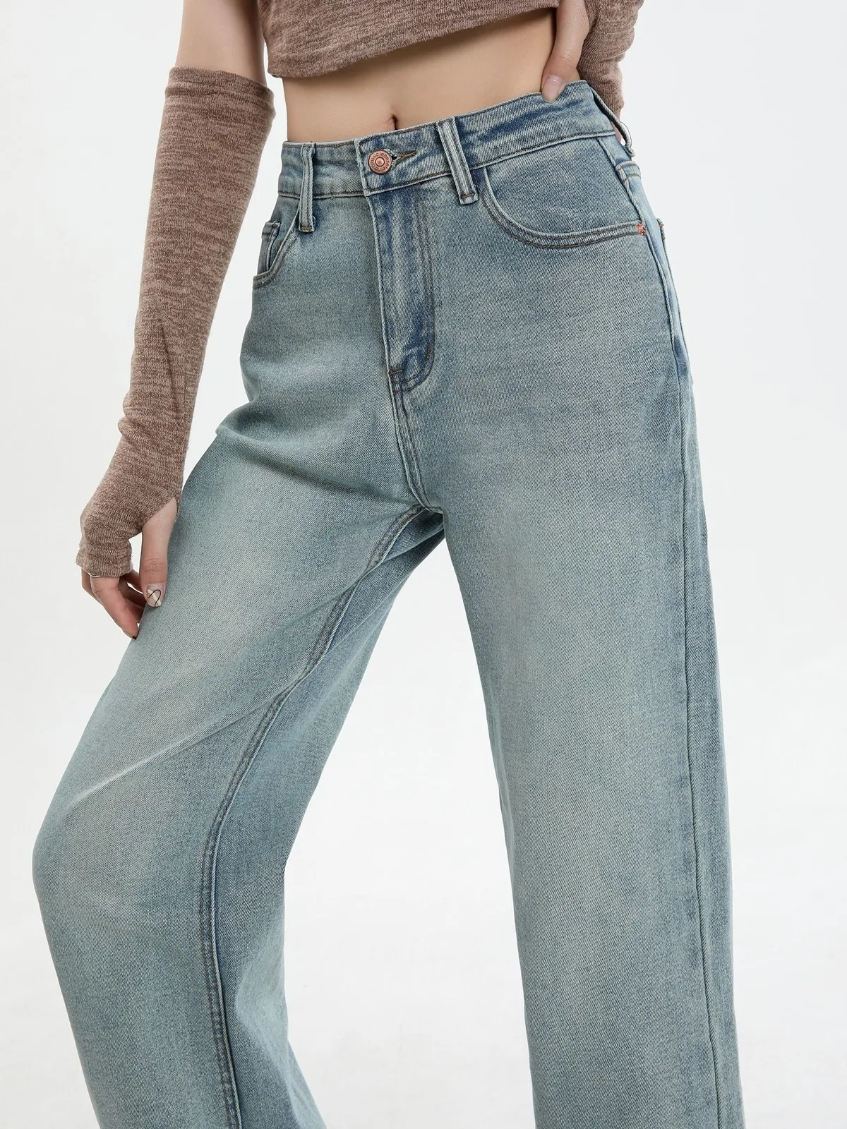 ZHISILAO Jeans dritti con stampa ricamata Pantaloni in denim a vita alta elasticizzati in cotone vintage da donna Autunno Inverno 2024