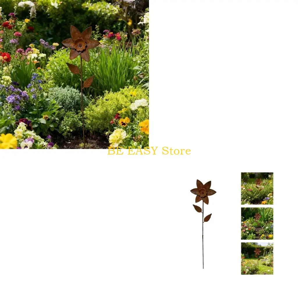 E28F Metal Flowers for Outside Decorative Garden Stakes Flower Bed Decoration Plant Stakes Metal Art Outside Yard Art Outdoor