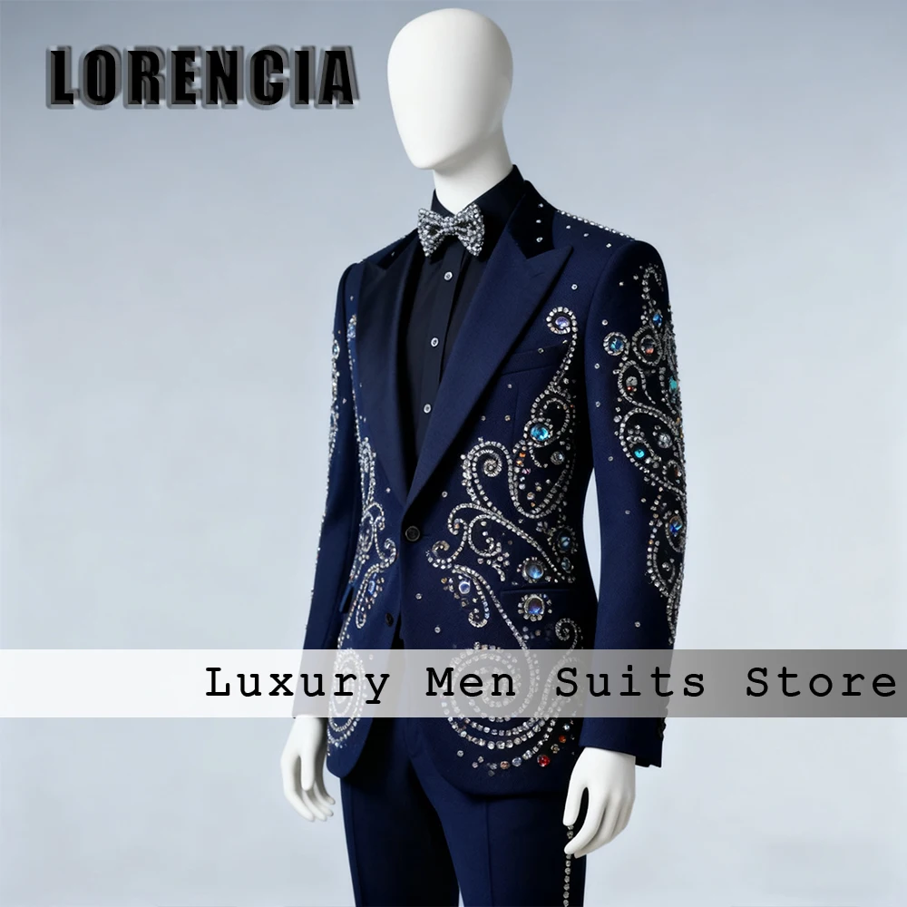 

Великолепные мужские костюмы с кристаллами, 2 предмета, блестящие смокинги с бриллиантами, наряды для свадебной вечеринки, 2025 г., блейзер, брюки по индивидуальному заказу, костюмы для дома