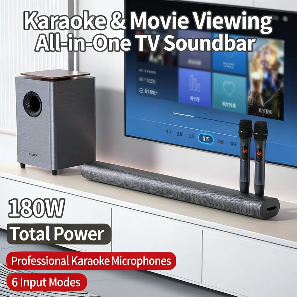 Smart All-in-One KTV Soundbar Set with Wireless Mic 180W High Power TV Speaker Support Optical Coaxial AUX USB for Living Room