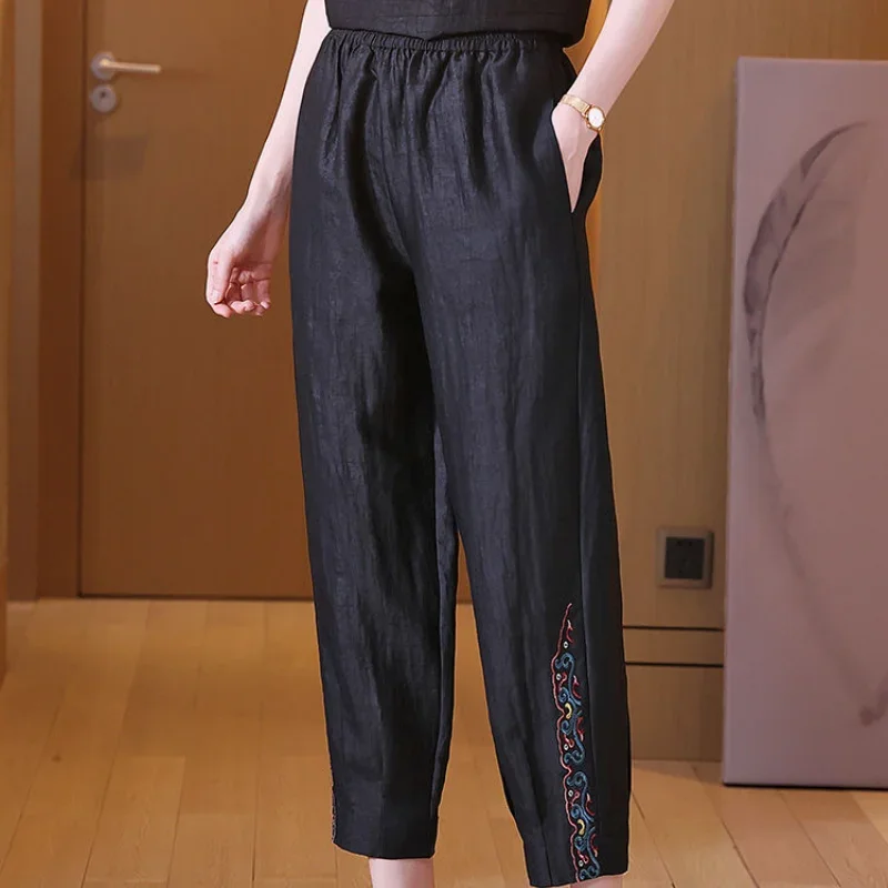 Sommer Frauen schwarz Harun Hosen neue Mode große Größe Vintage Stickerei elastische hohe Taille lose lässige gerade Hose z698