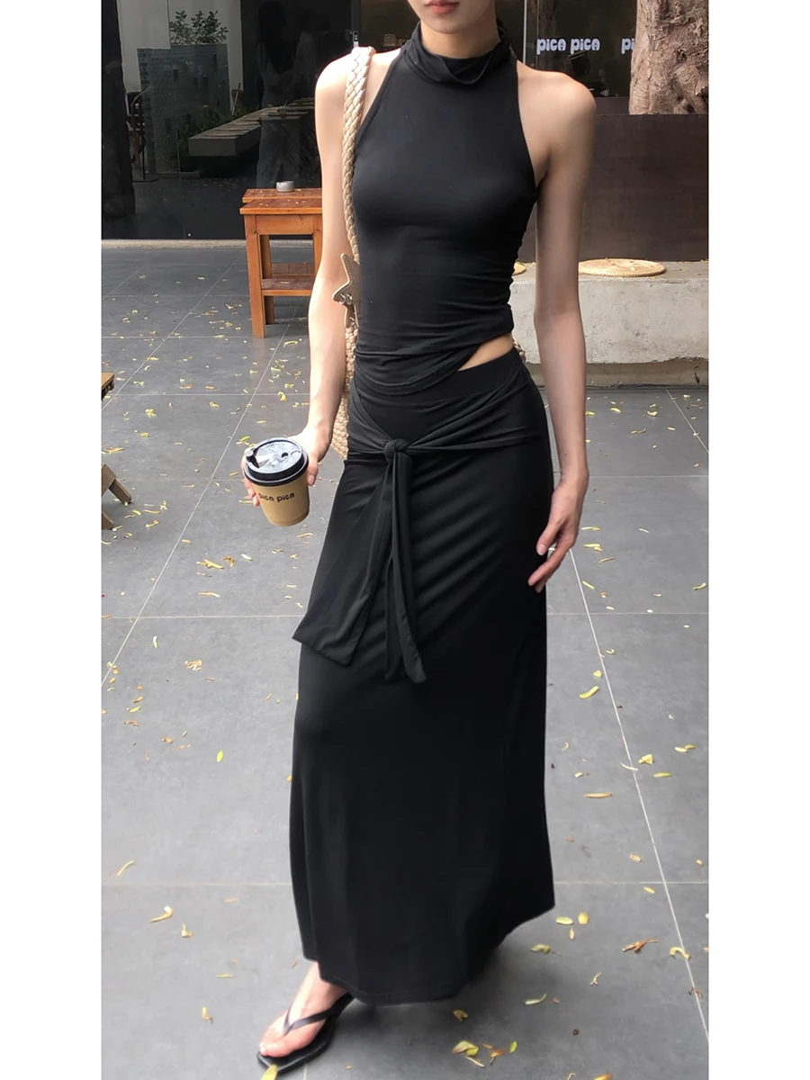 سترة نسائية صيفية بدون أكمام بتصميم أنيق، طقم من قطعتين باللون الأسود، بلوزة عصرية بأسلوب G للتنقل اليومي، تصميم مستقيم #3