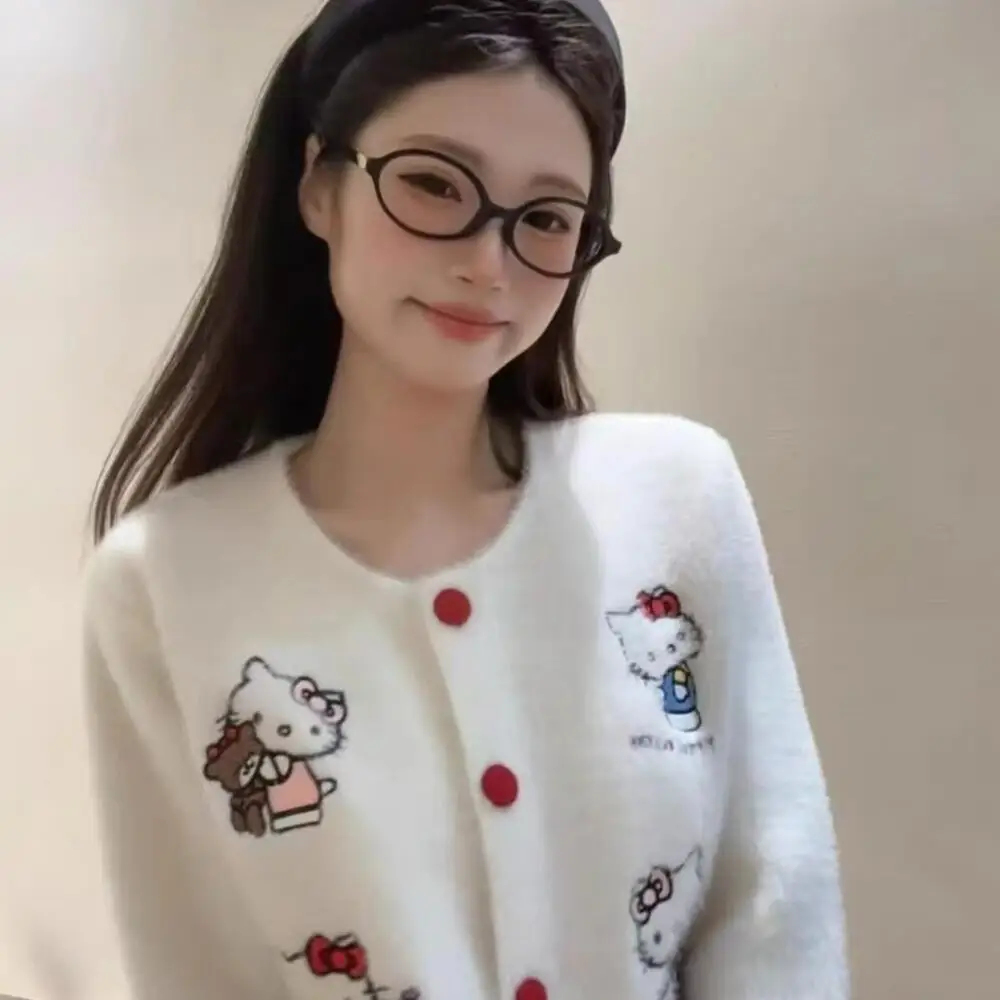 

Kawaii Hello Kitty Women Cardigan Sweater Sanrio Anime Cartoon Autumn Loose Knitted Tops Soft Cartoon Embroidered Sweater Coat