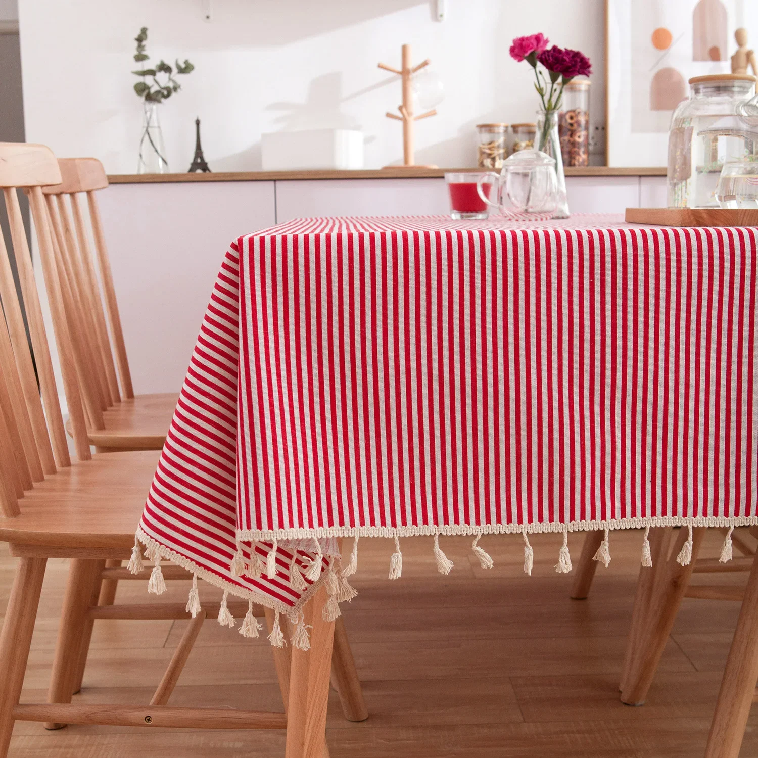 Simple Striped Tablecloth Tassel Cotton Linen Tablecloth Cover Thick Wedding Decoration Table Mariage Nappe Lin Rectangulaire