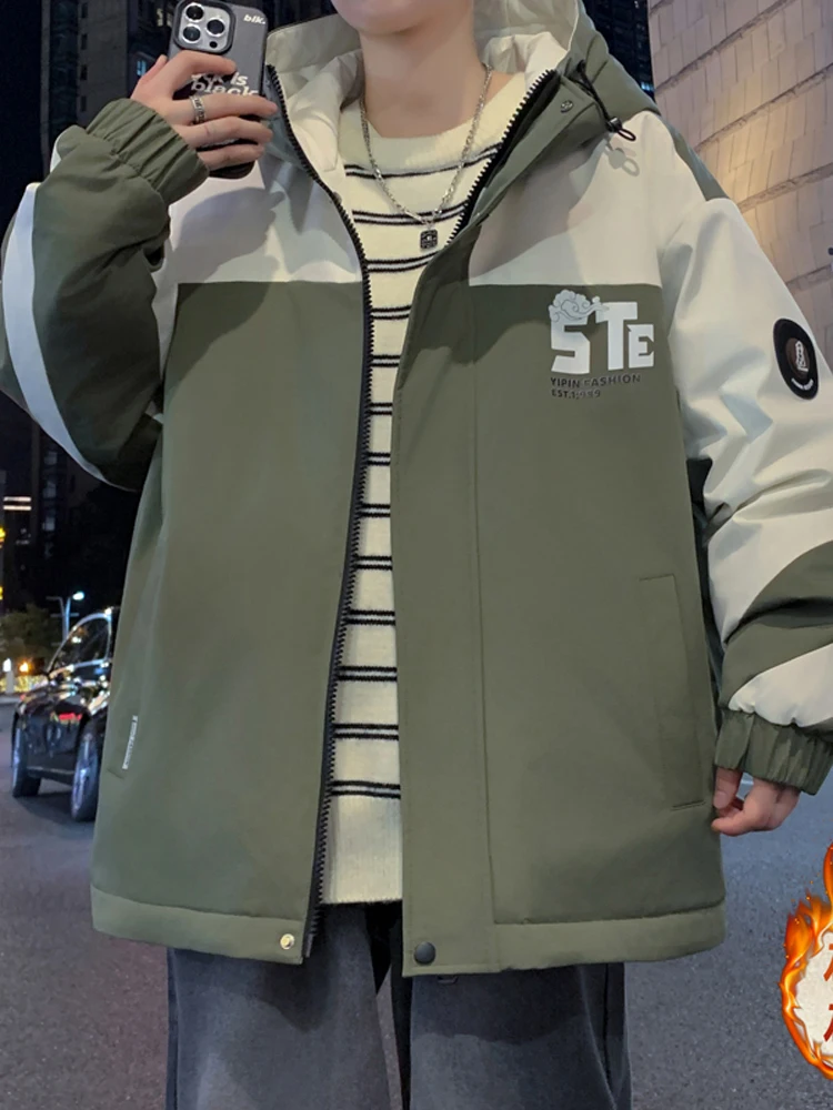 

Мужская утепленная куртка на флисовой подкладке из полиэстера с капюшоном, осенне-зимняя, модная, с комбинированными вставками, ветровка для подростков