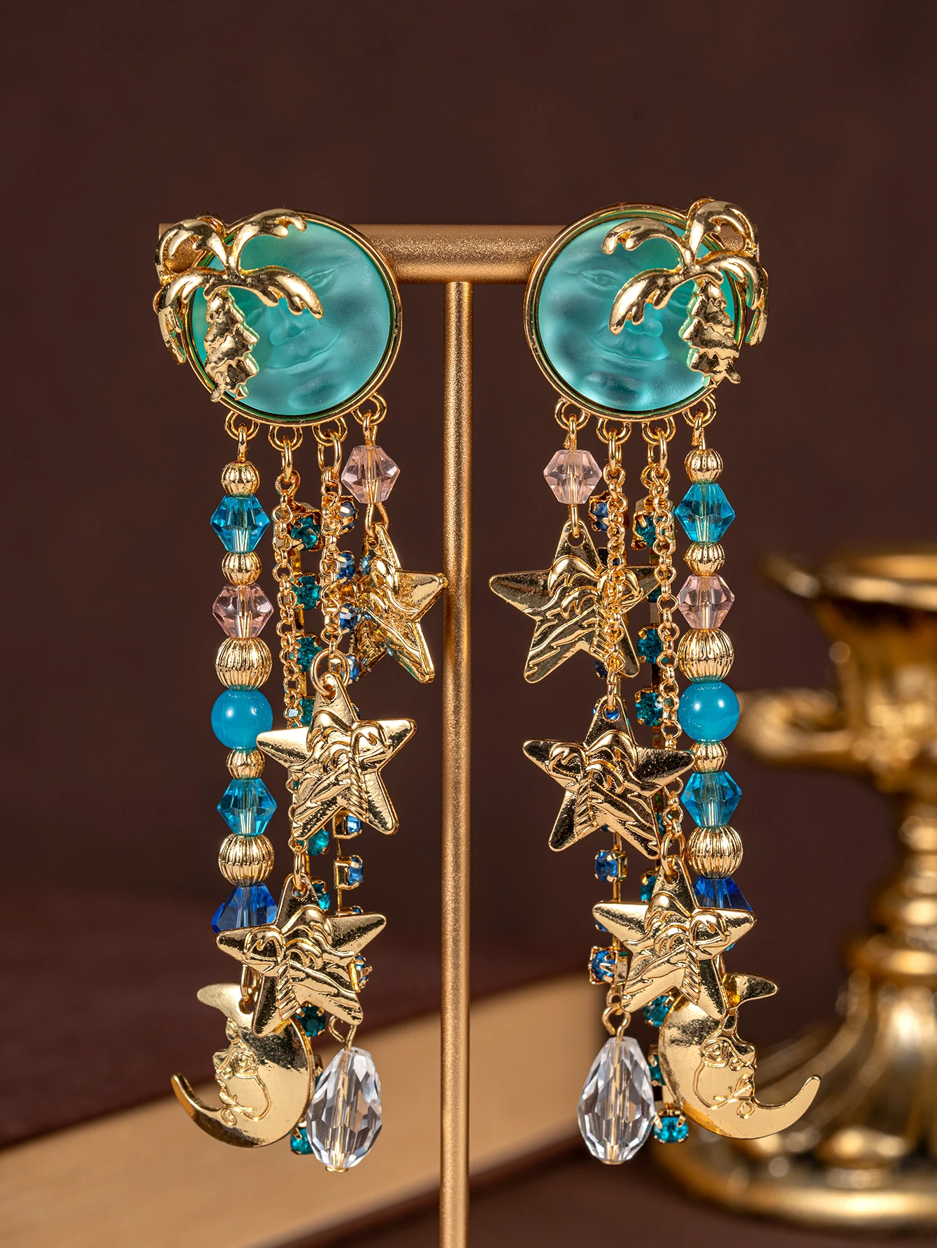 1 Pair of Vintage Blue Multi-Element Star and Moon Round Face-Shaped Leaf Tassel Earrings Suitable for Women's Daily Wear, Gifts, and Dance Party Accessories