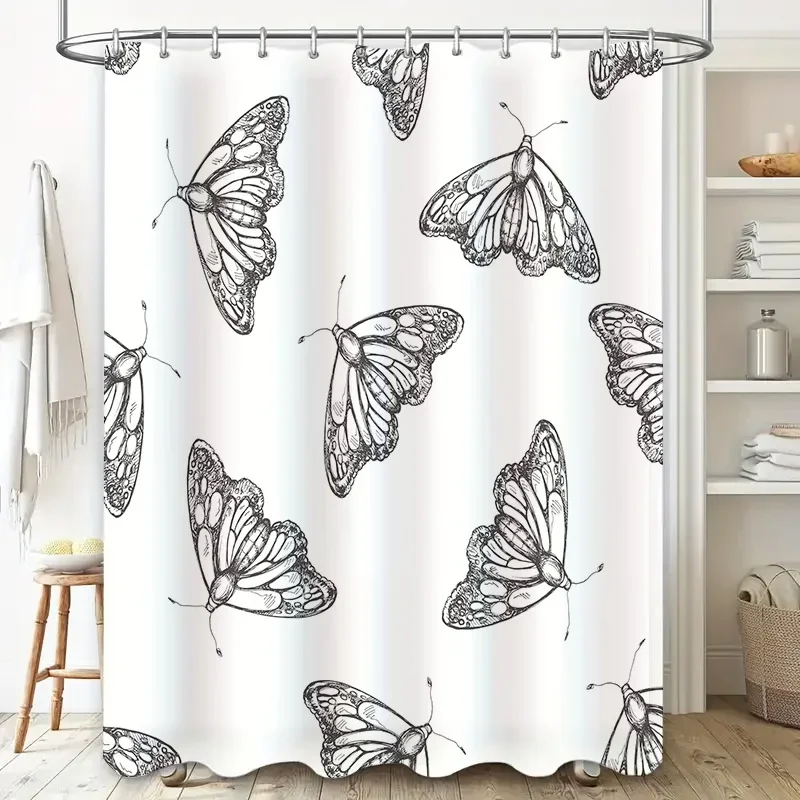 Rideau de douche imprimé papillon noir et blanc, pour décor de salle de bain, tissu résistant à l'eau, volet en Cellophane, taille Cu