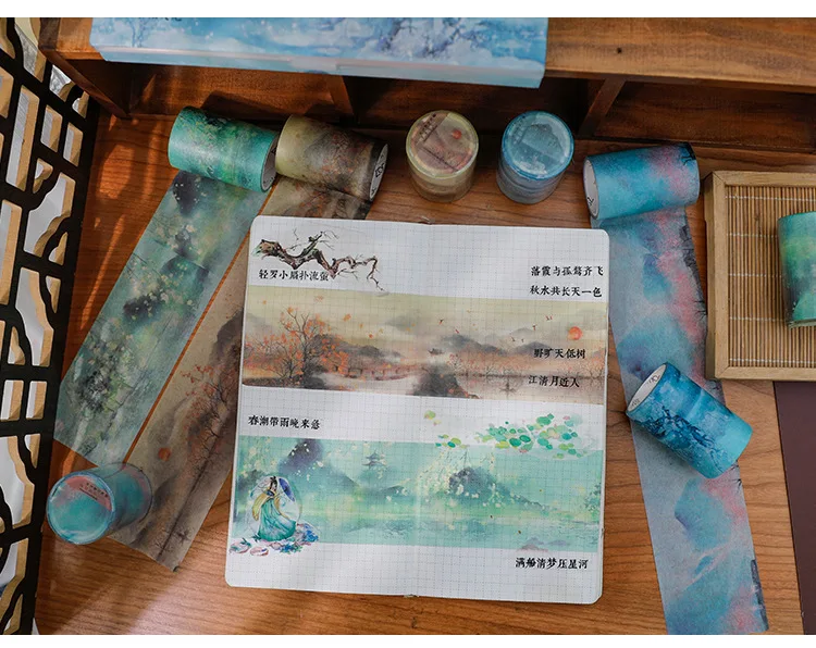 1 Rolle Washi Tape China Jiangnan Bunte Tuschemalerei Serie Handkonto Album Tagebuch DIY Dekorative Aufkleberrolle – Detail 11