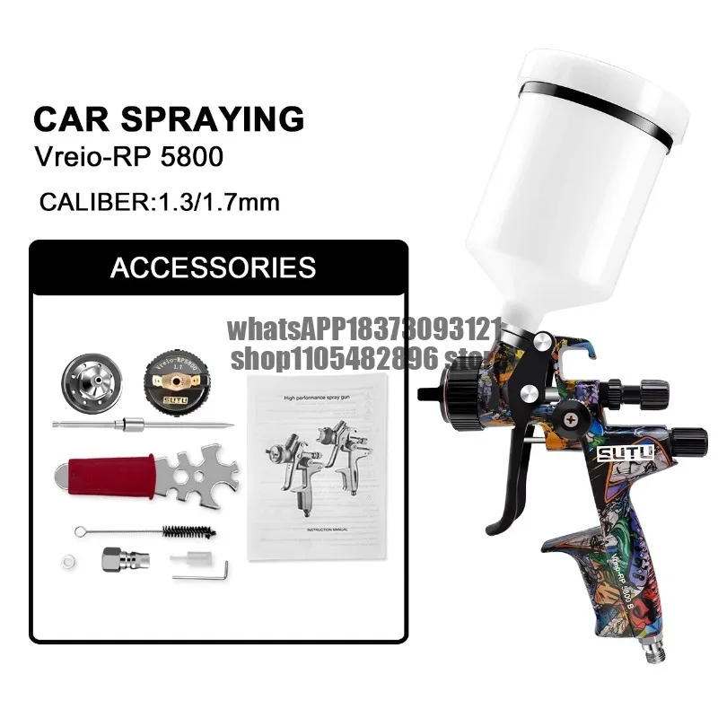 SUTU 5800 Pneumatic Spray Gun, 1.3/1.7mm Set, 600ml Pot, for Car & Furniture Painting, Uniform Atomization