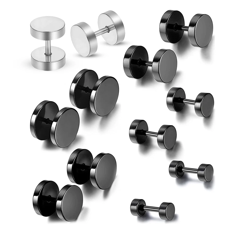 5Pcs 4-10mm Surgical Steel Stud Earrings Unisex Faux Fake Gauge Plugs Earrings Black Silver Color Cartilage Targus Helix Jewelry