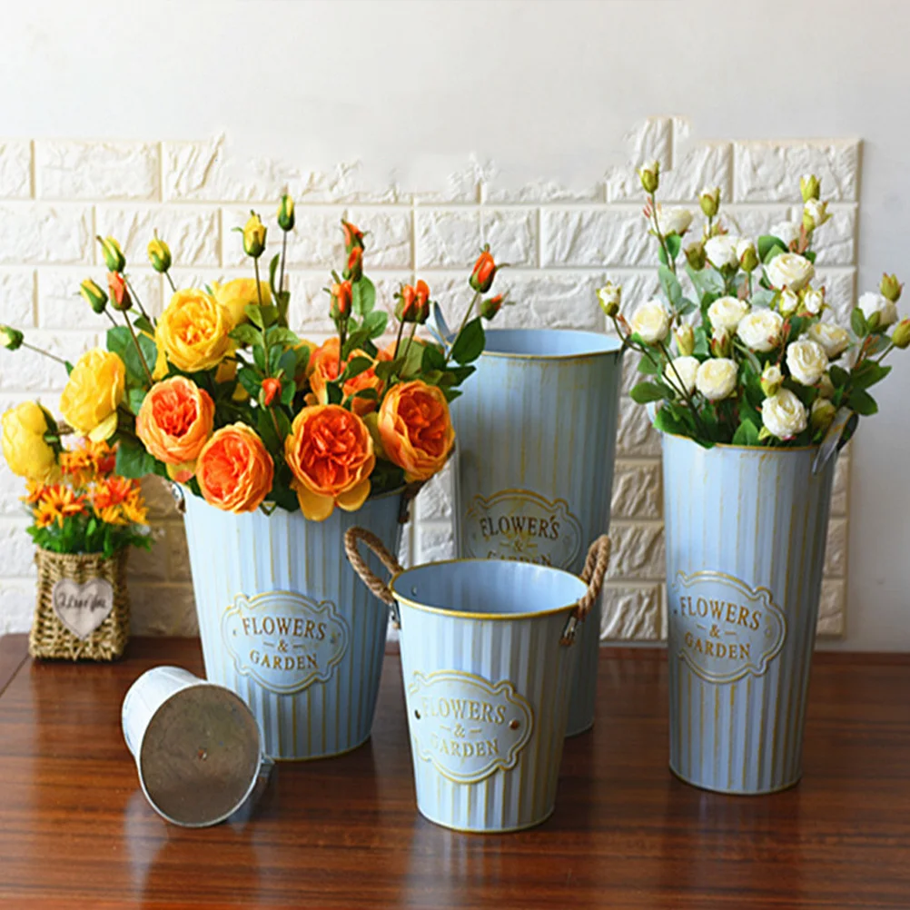 

Retro Blue Flower Bucket 30cm Iron Hemp Rope Creative Chic Home Garden Decoration Finish Balcony Office Gift