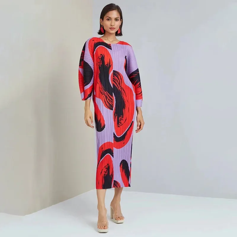 Miyake-핸드 페인팅 플리티드 롱 드레스, 봄/여름 여성 루즈한 긴 소매 디자이너 우아한 패션 의류, 재고 있음, 2022 년 신제품