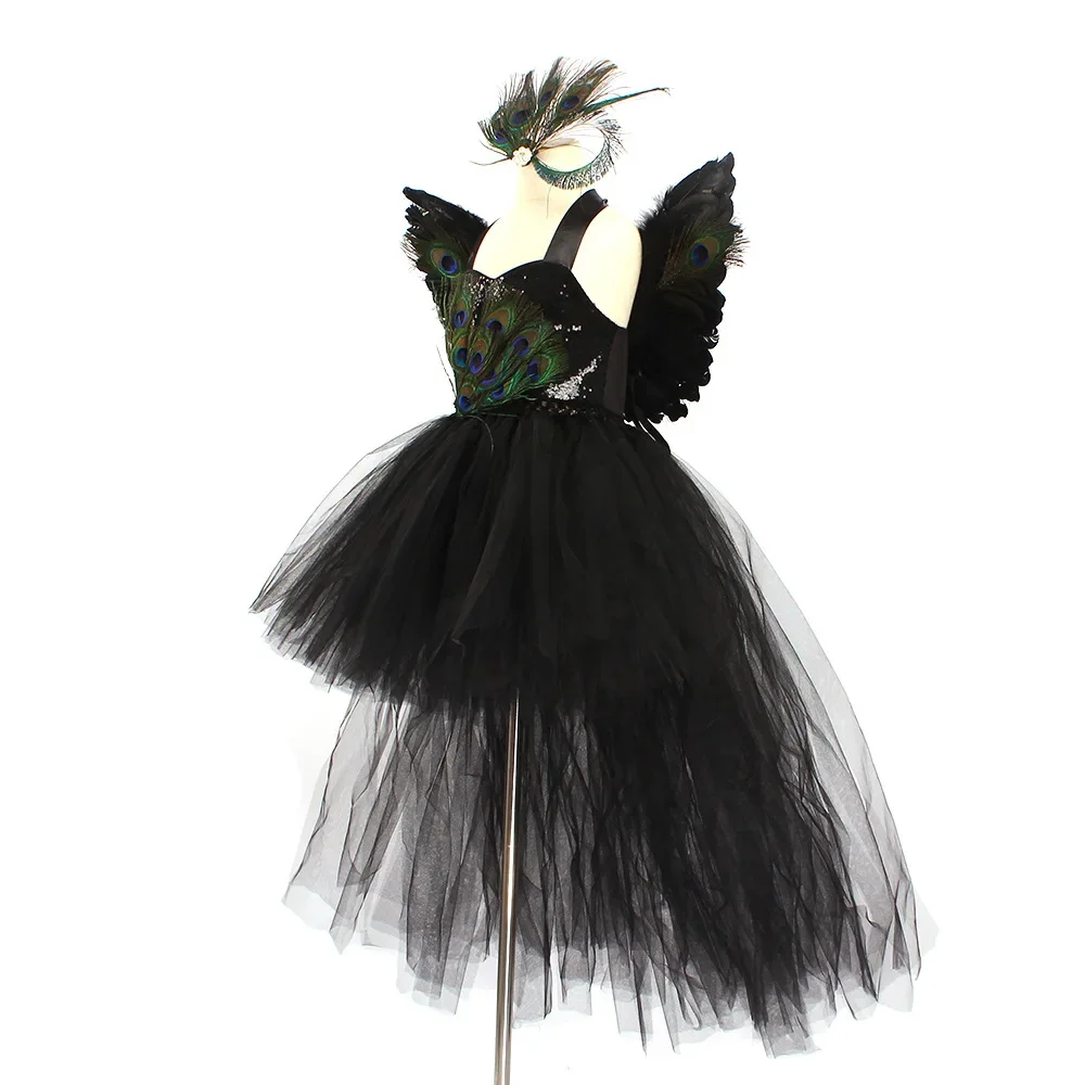 Sukienki na Halloween dla dziewczynek Siatkowa bufiasta sukienka Paw akapit Wakacyjna sukienka na występy Czarna cekinowa sukienka z tyłu