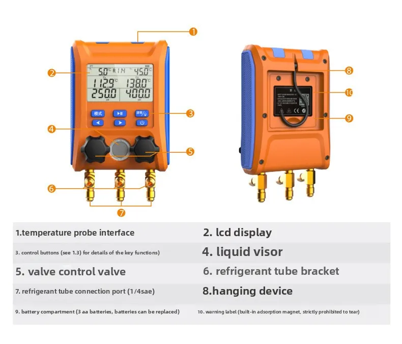 Manometro digitale per collettore di refrigeranti per condizionatore d'aria con morsetti per termometro per sistemi HVAC LMG-10
