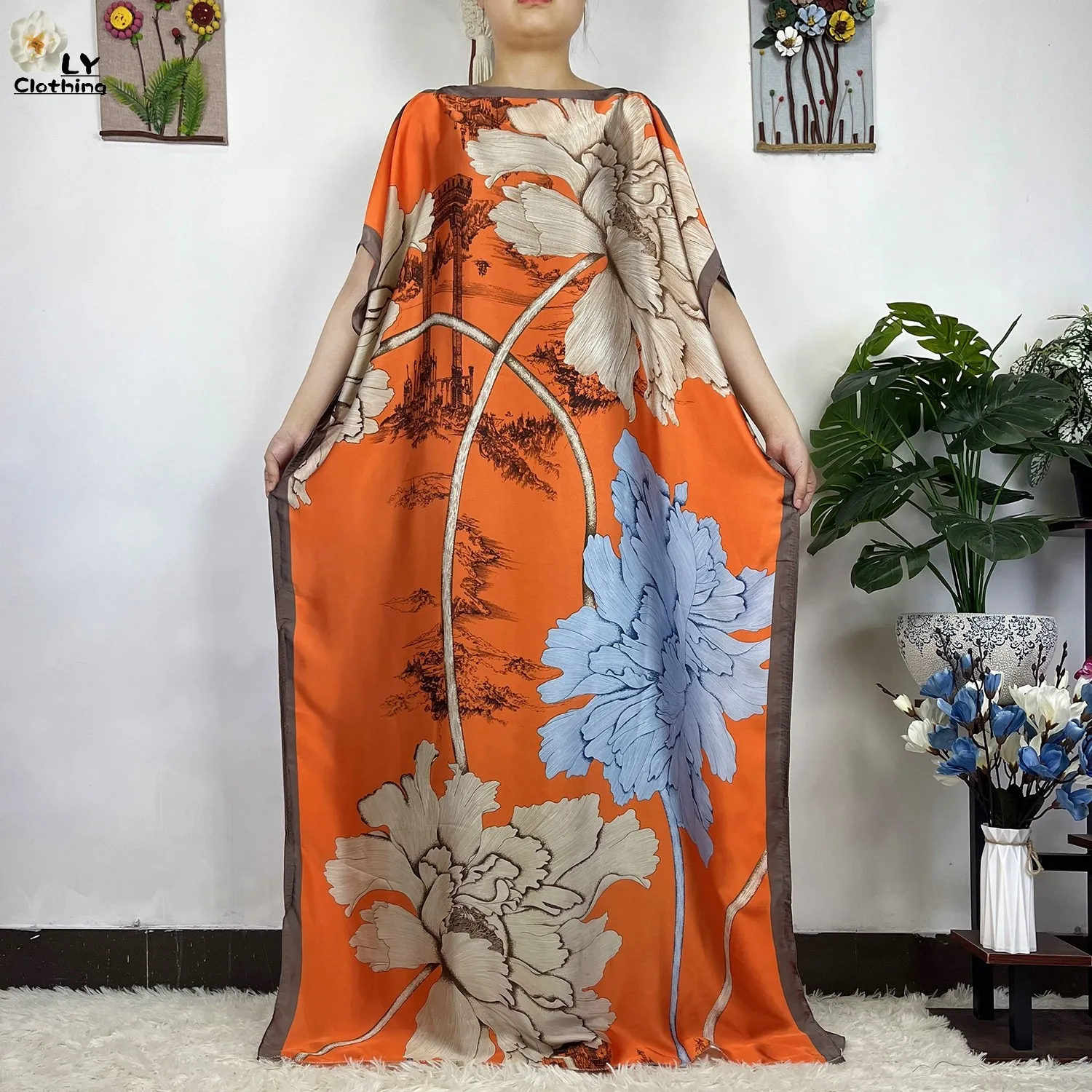2023 New African Fashion Short Sleeve Colored Pattern Dubai Women Summer Real Silk Soft Printing Loose Tradition Muslim Dress