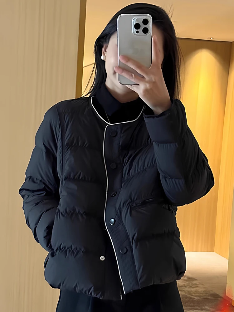 2025, Herbst und Winter, neue Damen-Rundhals-Einreiher, kurze weiße Entendaunenjacke, einfarbig, lässiger Mantel