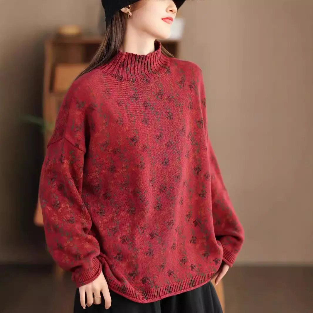 Vintage Flower Printing Mock Neck Women's Sweater Good Quality Dense Cotton Loose Casual Knitting Pullovers Female Jacquard Tops
