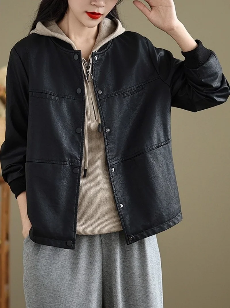 

Fashion PU Leather Jacket Women's Autumn Loose Oversized Retro Casual Temperament Baseball Coat Cardigan Top W846