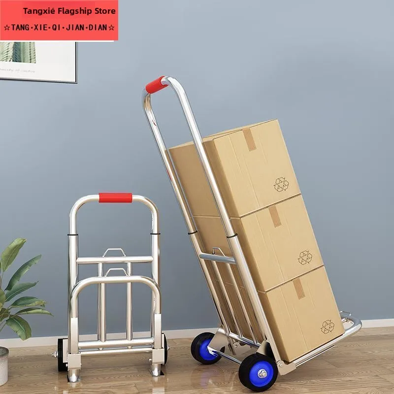 Stainless Steel Four-Wheel Portable Hand-Pulled Shopping Cart Vegetable Buying Luggage Cart  Towable Cargo Vehicle