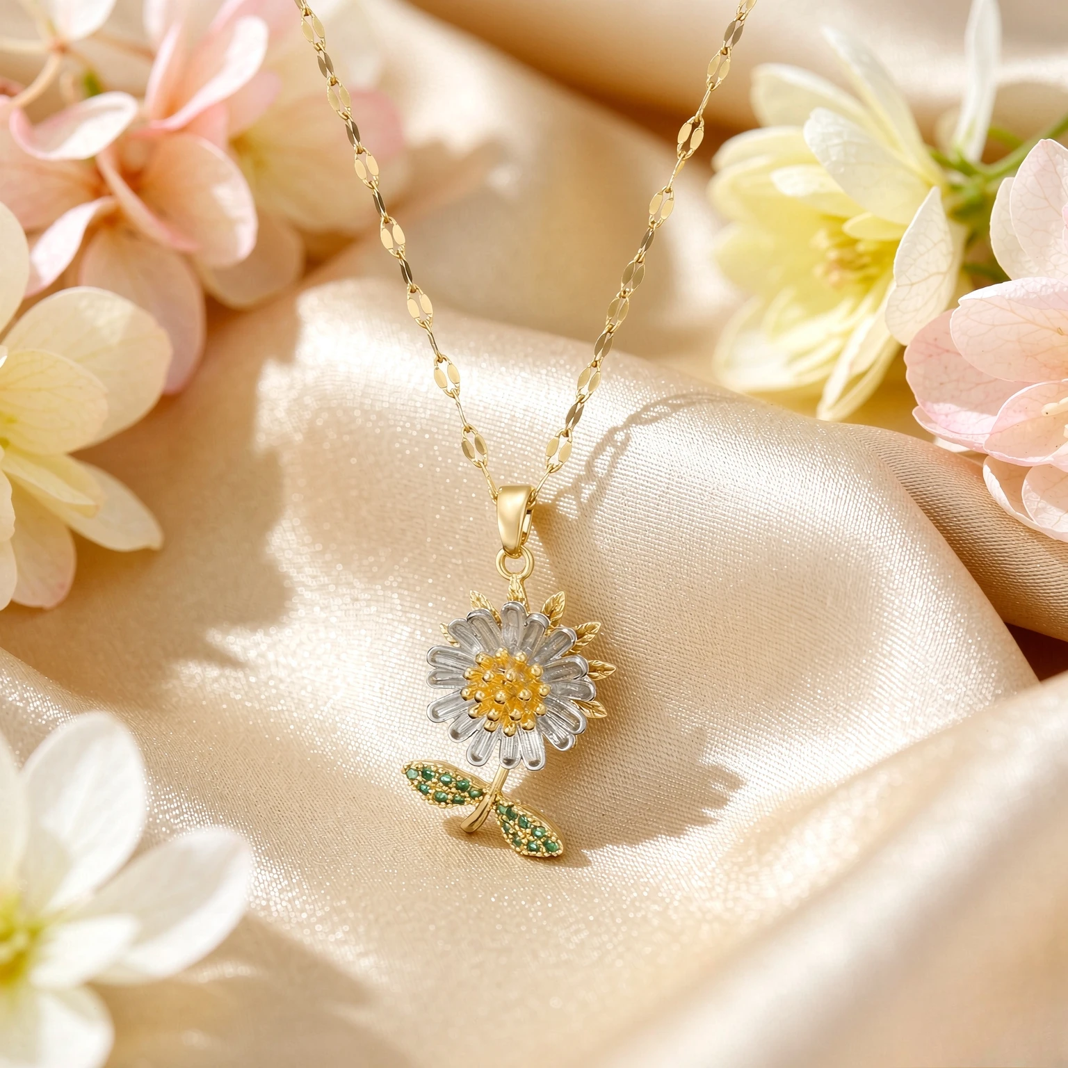 Sweet Rotatable Daisy Sunflower Pendant Necklaces for Women Girls Stainless Steel Chain Gold Color Accessories Jewelry Gifts