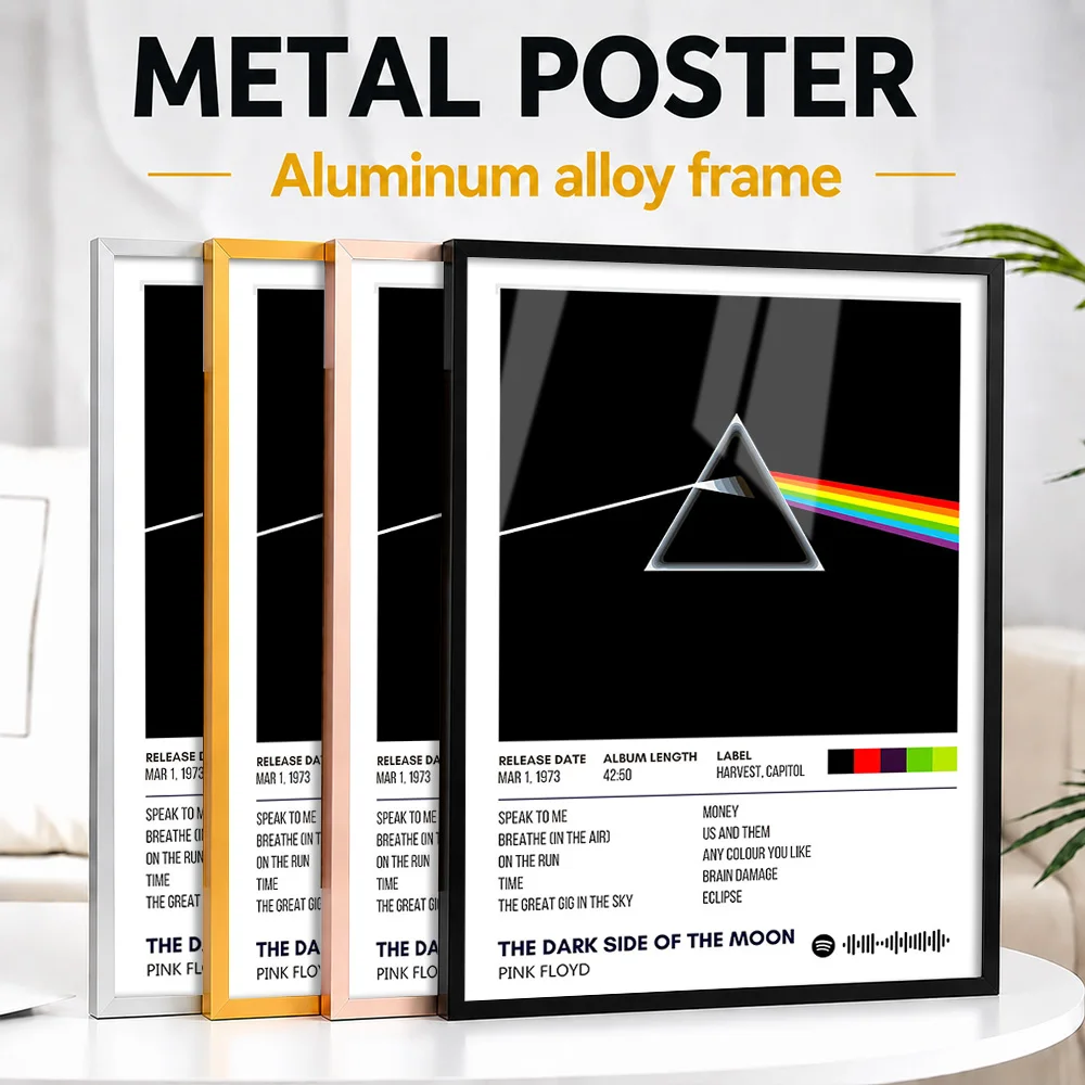 Pink Floyd Dark Side Of The Moon Framed Aluminum Metal Poster Personalized Minimalist Wall Art For Music Room And Home Office