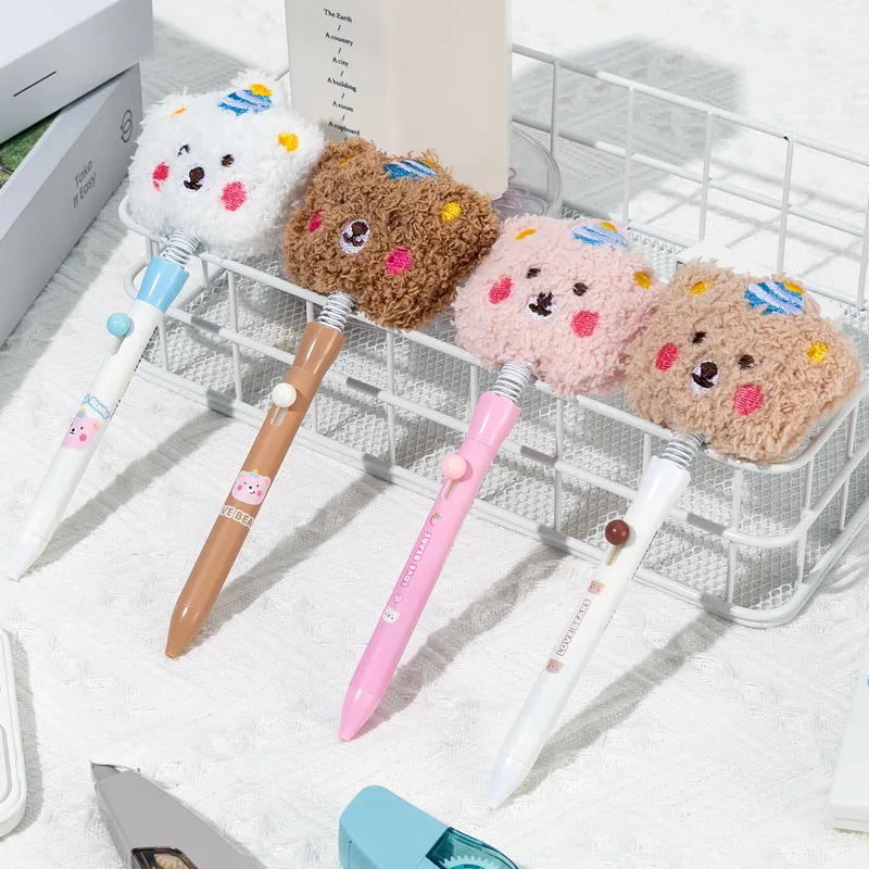 

12 Pcs Lucky Bear Plush Doll Gel Pens Creative Cute Rocker Pen Plush 0.5mm Black Water Back To School
