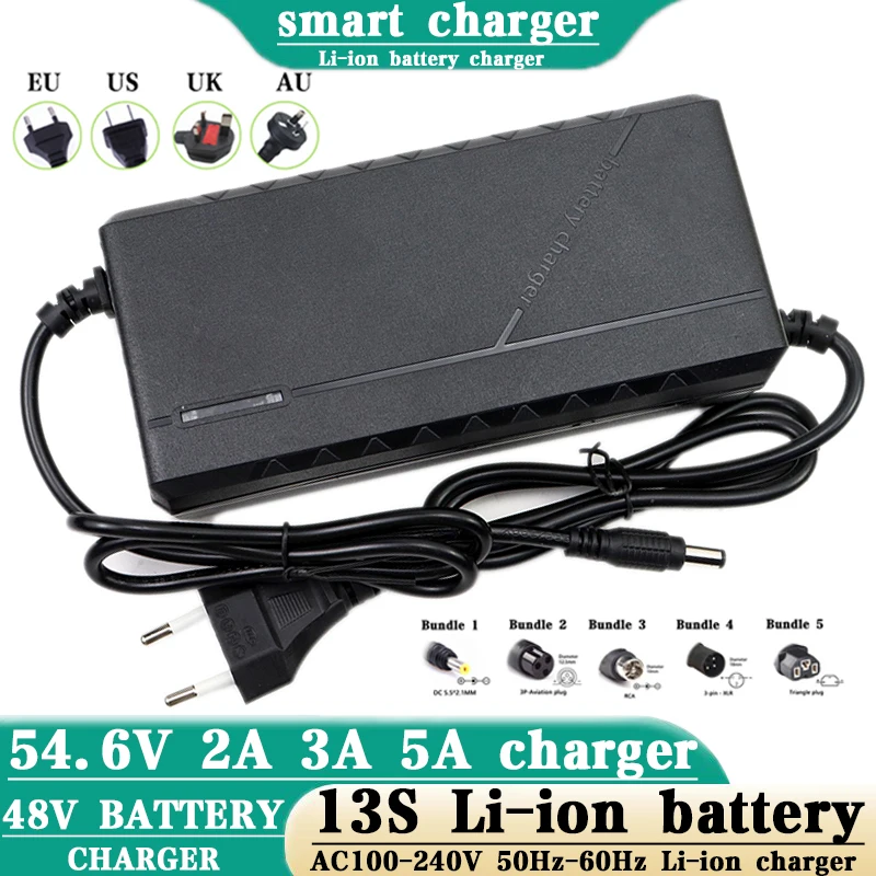 48V 2A 3A 5A Lithium Battery Charger For 54.6V 2A 3A 5A 13S eries Li-ion Battery Pack Silent Charger AC100-240V EU US UK AU plug