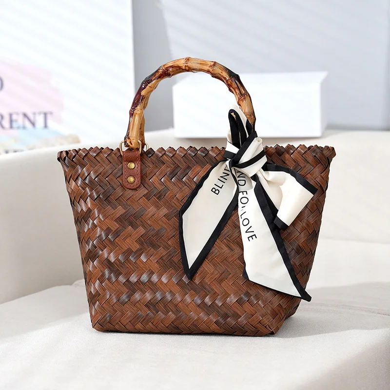 Handmade Woven Bag Fashion Versatile Woven Bag Vegetable Basket Vintage Imitation Bamboo Beach Vacation Bag