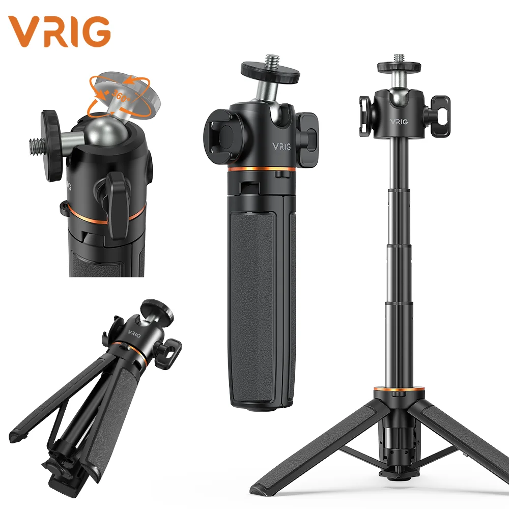 VRIG TP-44 Mini Selfie Stick Tripod 360° Ball Head Quick Release for GoPro Insta360 DJI Action Camera Vlog POV Photography