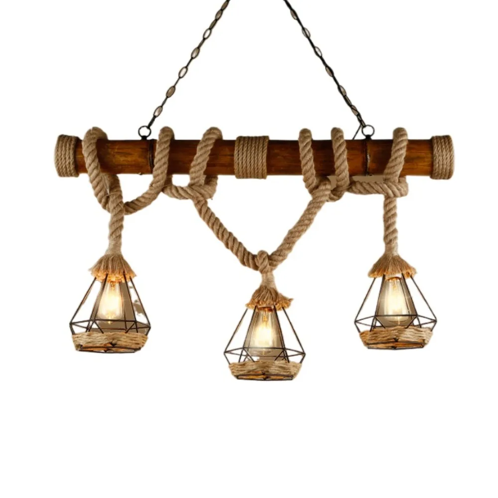 Retro style hemp rope chandelier, creative restaurant pastoral three-head chandelier
