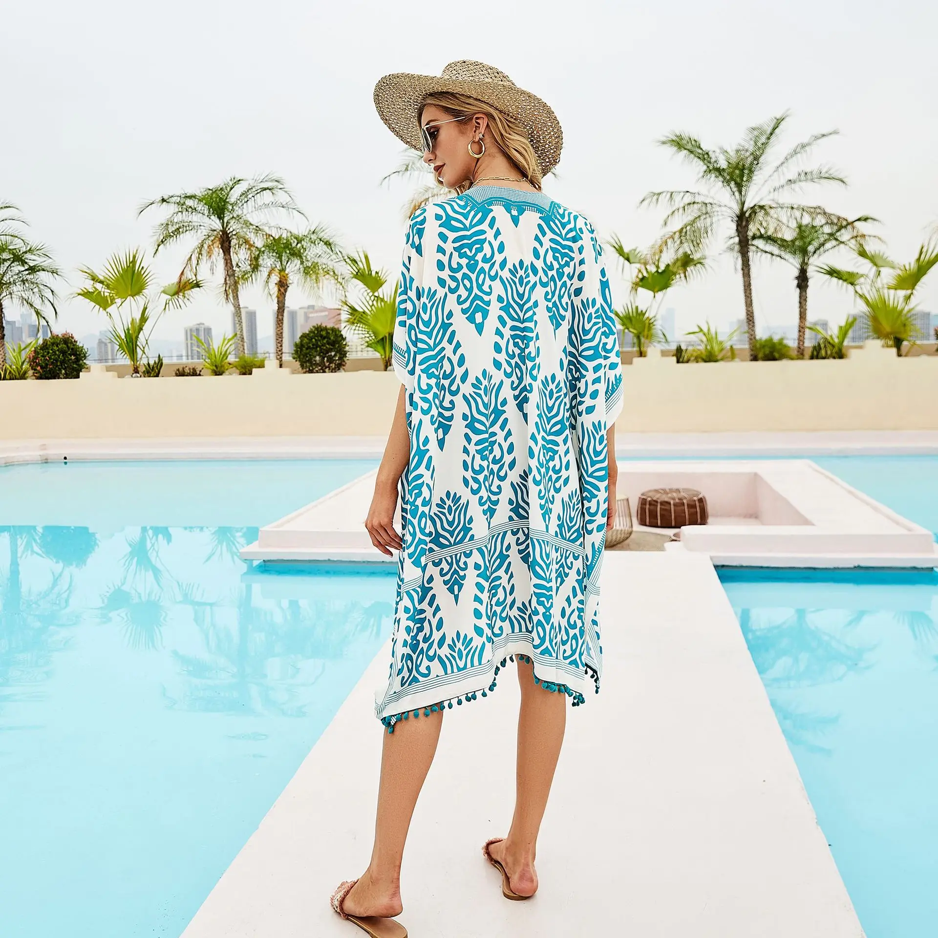 Kobiety lato artystyczny nadruk Coverups Bikini na plażę Kimono okrycie na kostium kąpielowy na stroje kąpielowe Cardigan Resort Wear