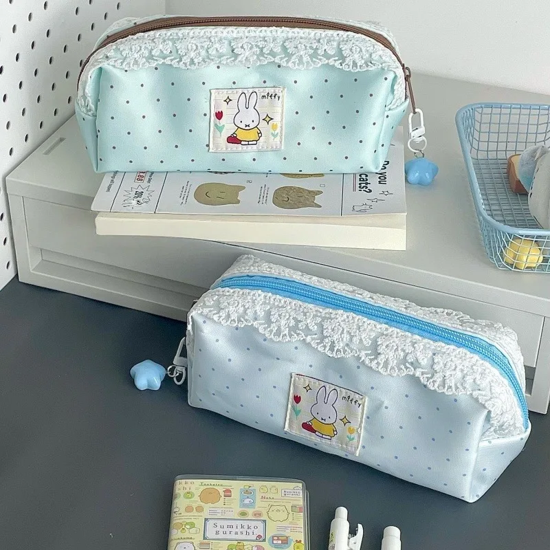 

Kawaii Miffy Pencil Bag Simple Polka Dot Design Student Stationery Storage Bag Large Capacity Debris Bag Storage Holiday Gifts