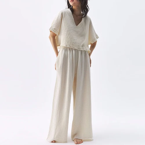 Imagen 1 del producto Top de muselina 100% algodón para Mujer, camiseta Sexy con cuello en V, manga corta, Ropa de calle informal suelta, Camisa de gasa para Mujer