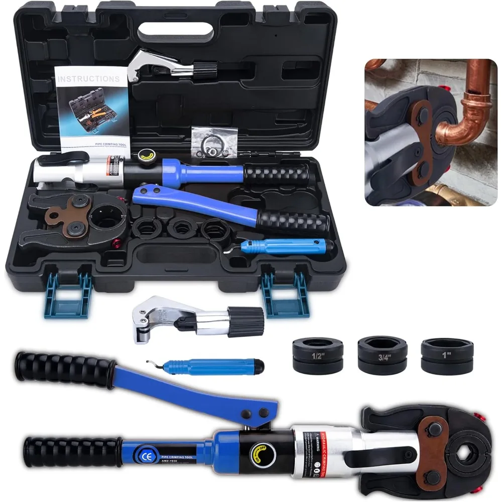 

Copper Pipe Crimping Tool, Copper Tube Fittings Crimping Tool W/ 1/2", 3/4", 1" Jaws, Copper Tube Fittings Hydraulic Pipe