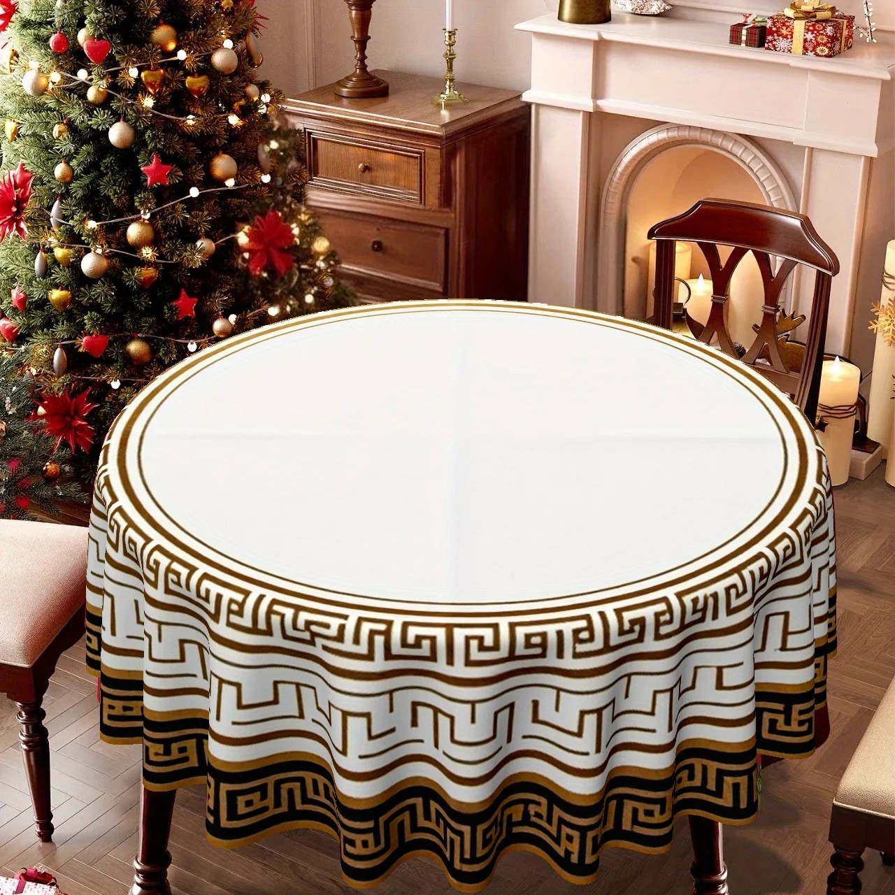 A round tablecloth with an elegant geometric design, perfect for Christmas parties